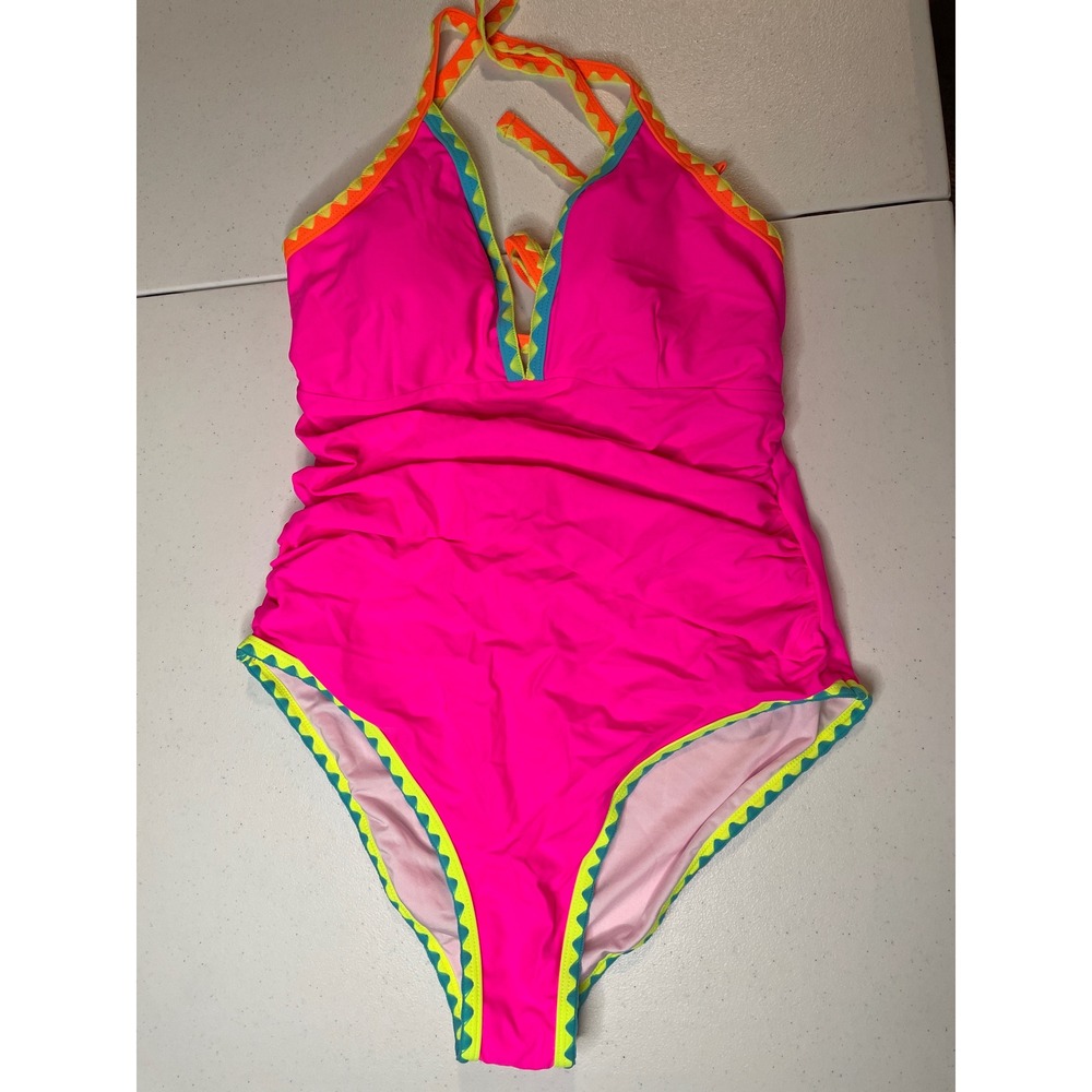 popvil Hot pink Color Block One Piece Bathing Suit Tie Back, L